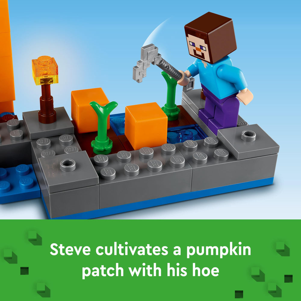LEGO Minecraft The Pumpkin Farm boat and treasure chest support nautical and scavenger play.