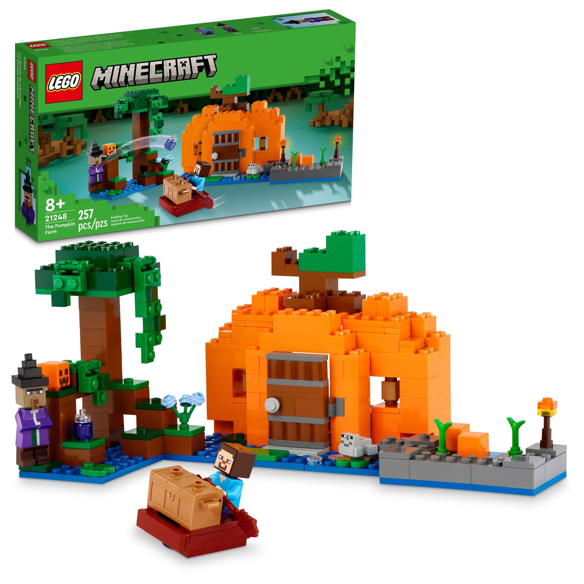 LEGO Minecraft The Pumpkin Farm house interior with Steve's bed and furnace for imaginative play.
