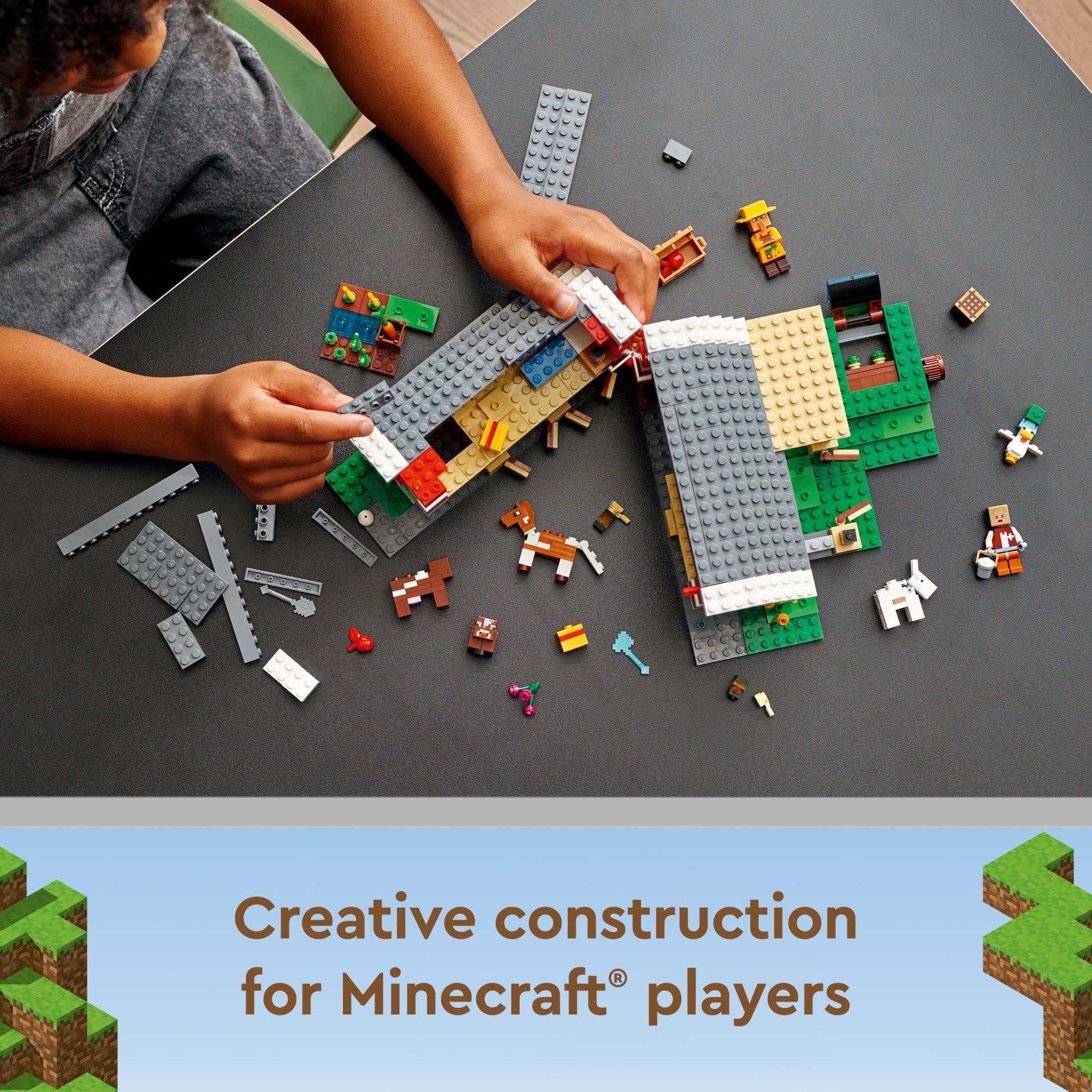 LEGO Minecraft The Red Barn set comes with crafting box and tools for creative roles.