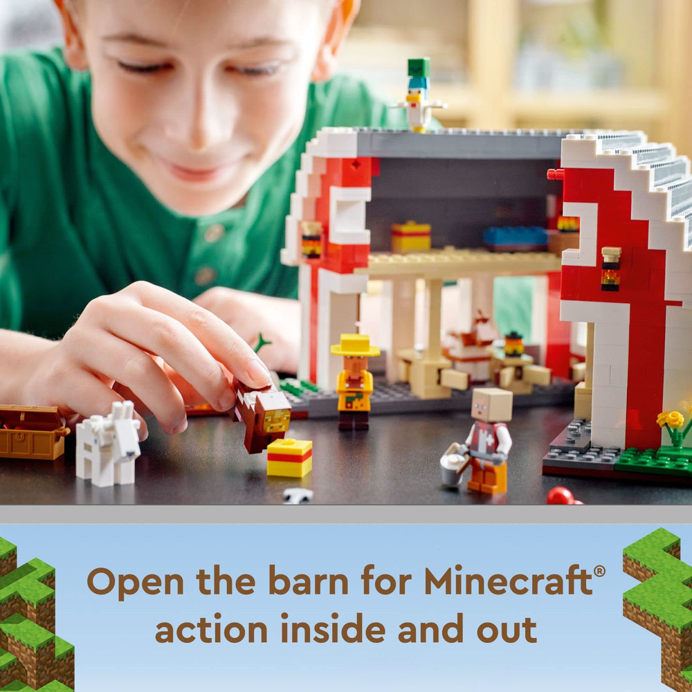 LEGO Minecraft The Red Barn includes cows, horse, goat, and chicken for charming farm scenes.
