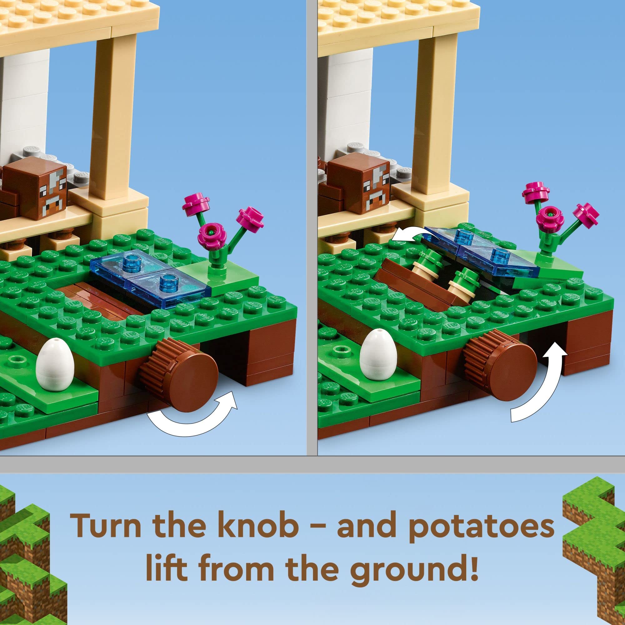 LEGO Minecraft The Red Barn potatoes pop up from the ground, adding interactive outdoor farming fun.