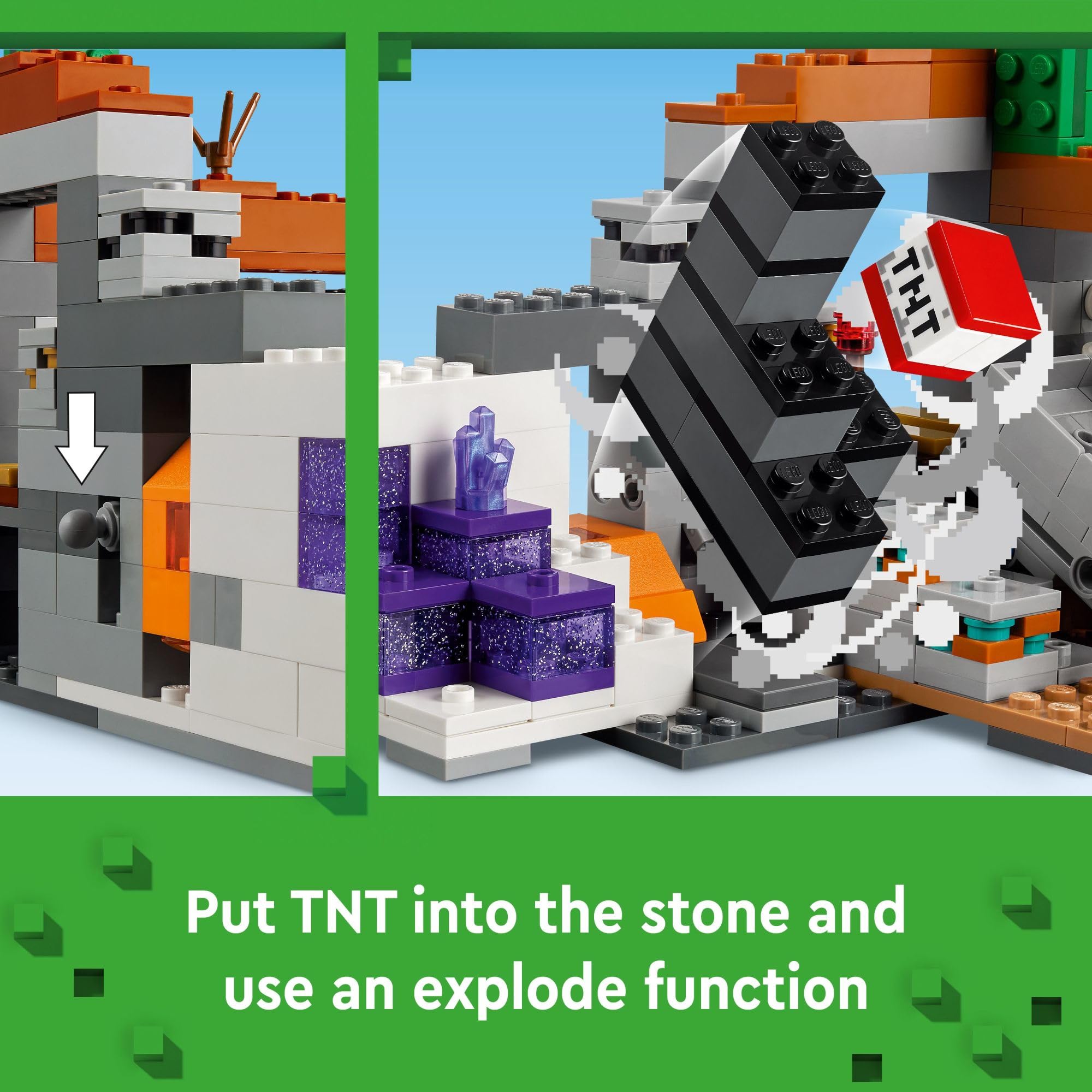 LEGO Minecraft TNT explosion function reveals hidden copper, gold, redstone and amethyst crystals.