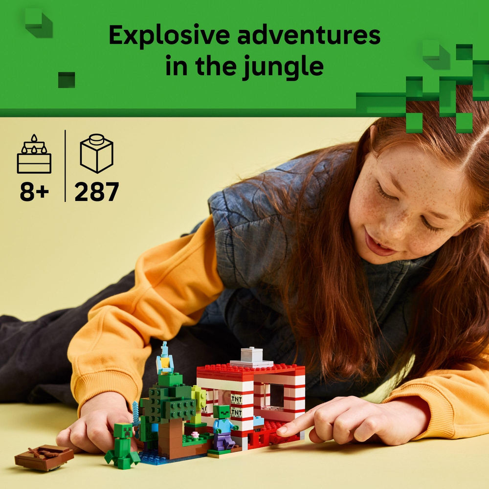 LEGO Minecraft TNT Jungle House explosion action with collapsing walls for dramatic play