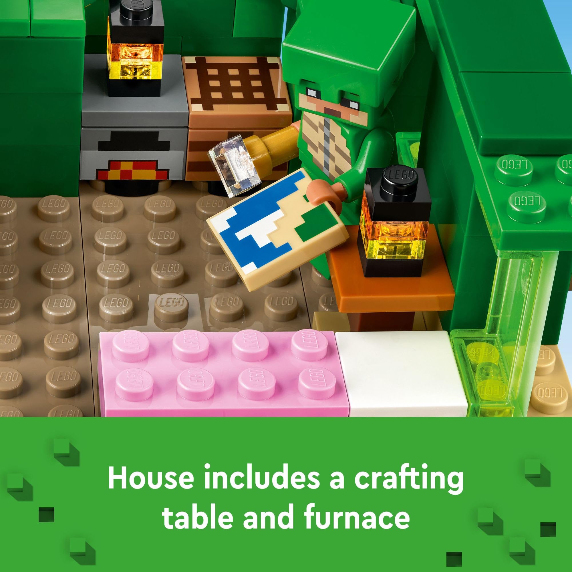 LEGO Minecraft Turtle Beach House roof-off view shows accessible interior design