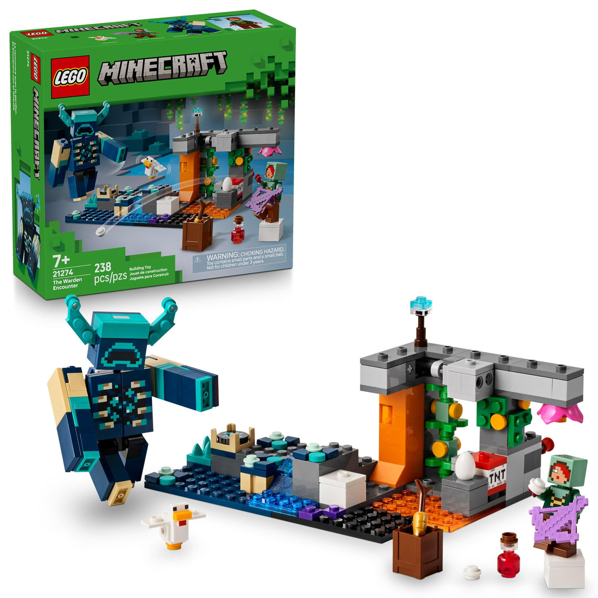 LEGO Minecraft Warden Encounter build with cave setting for immersive play.