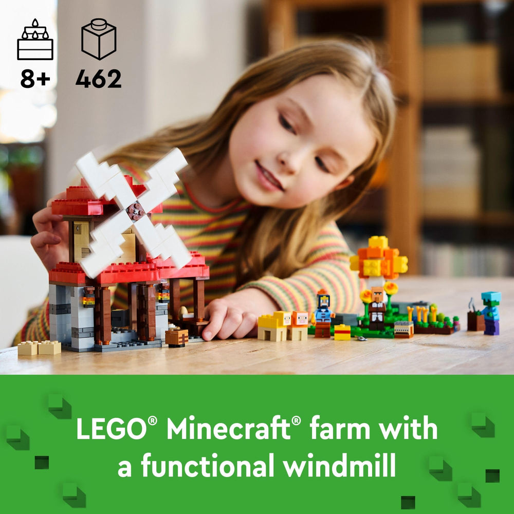 LEGO Minecraft Windmill sails rotation highlights pretend engineering.