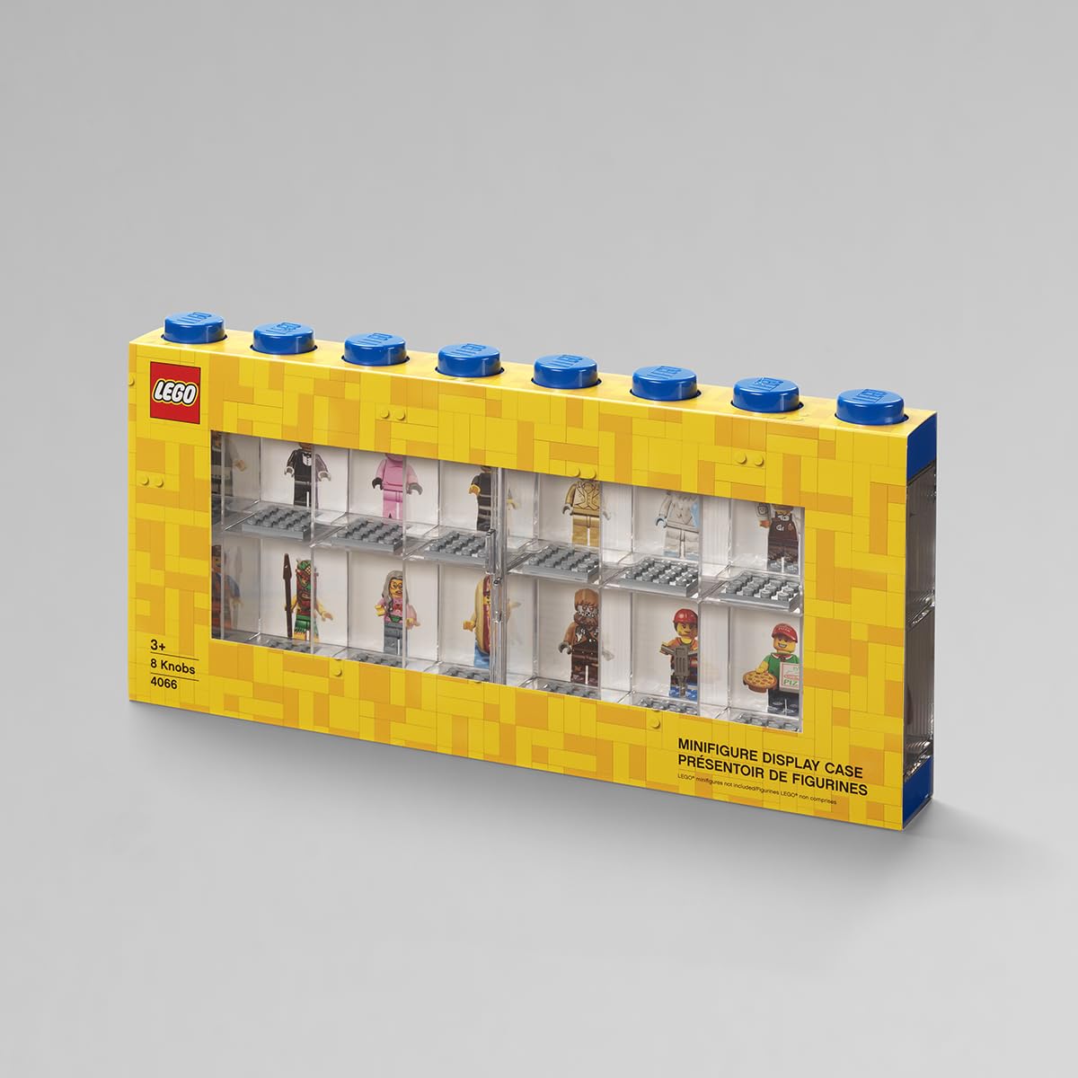 LEGO Minifigure Display Case 16 blue stacked setup saves space while showing figures.