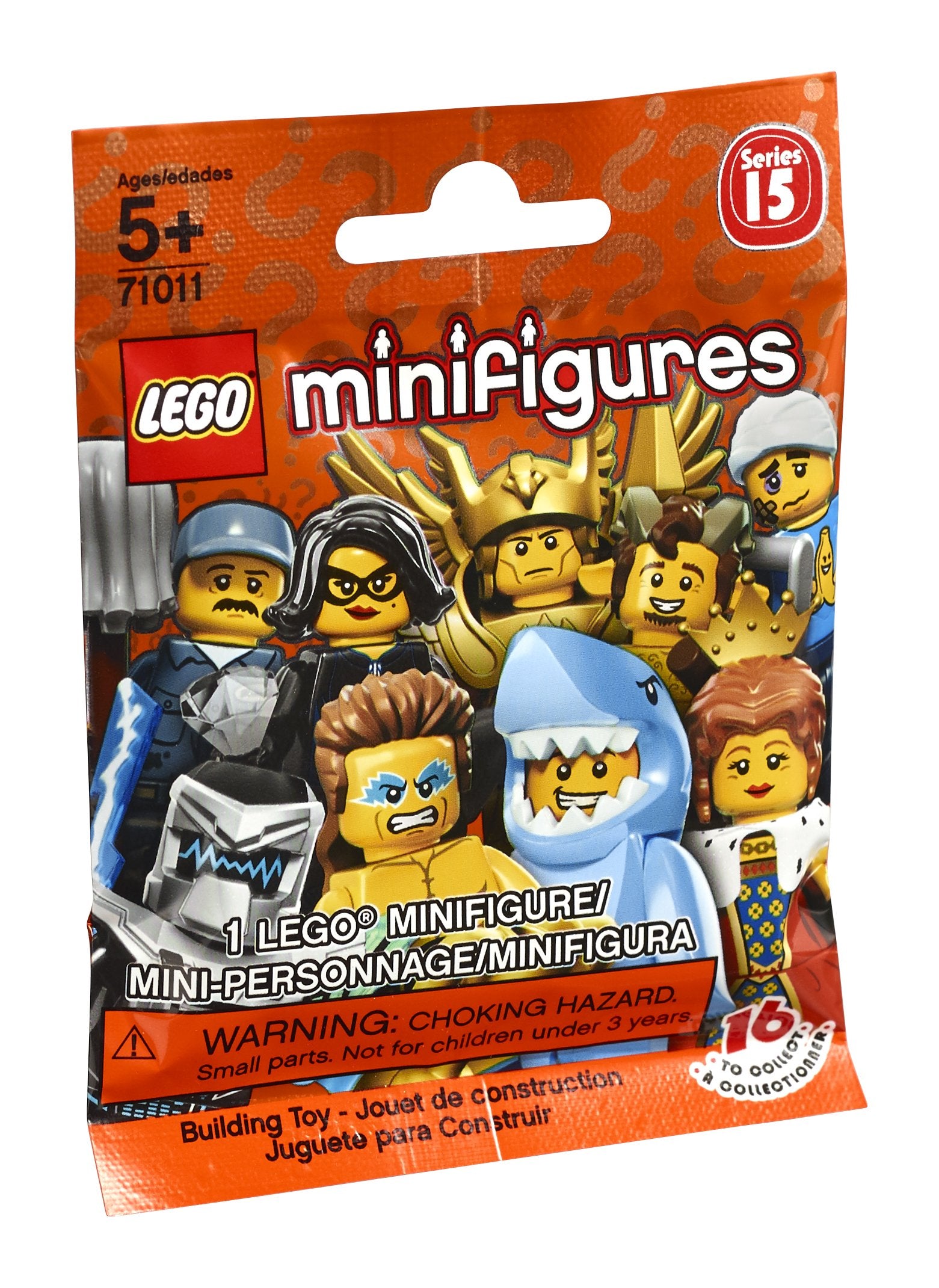 LEGO Minifigures Series 15 random pack bag reveals surprise figure with accessories and display plate.