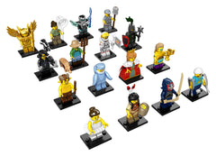LEGO Minifigures Series 15 display plate accompanies the mystery bag for easy showcasing.