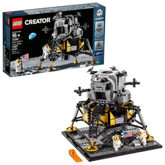 LEGO NASA Apollo 11 lunar lander descent stage with gold landing pads for display.