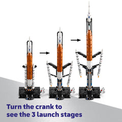 LEGO Artemis rocket assembly in progress illustrating 3-stage separation