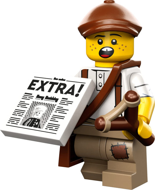 LEGO Newspaper Kid minifigure from Series 24 for imaginative play and display