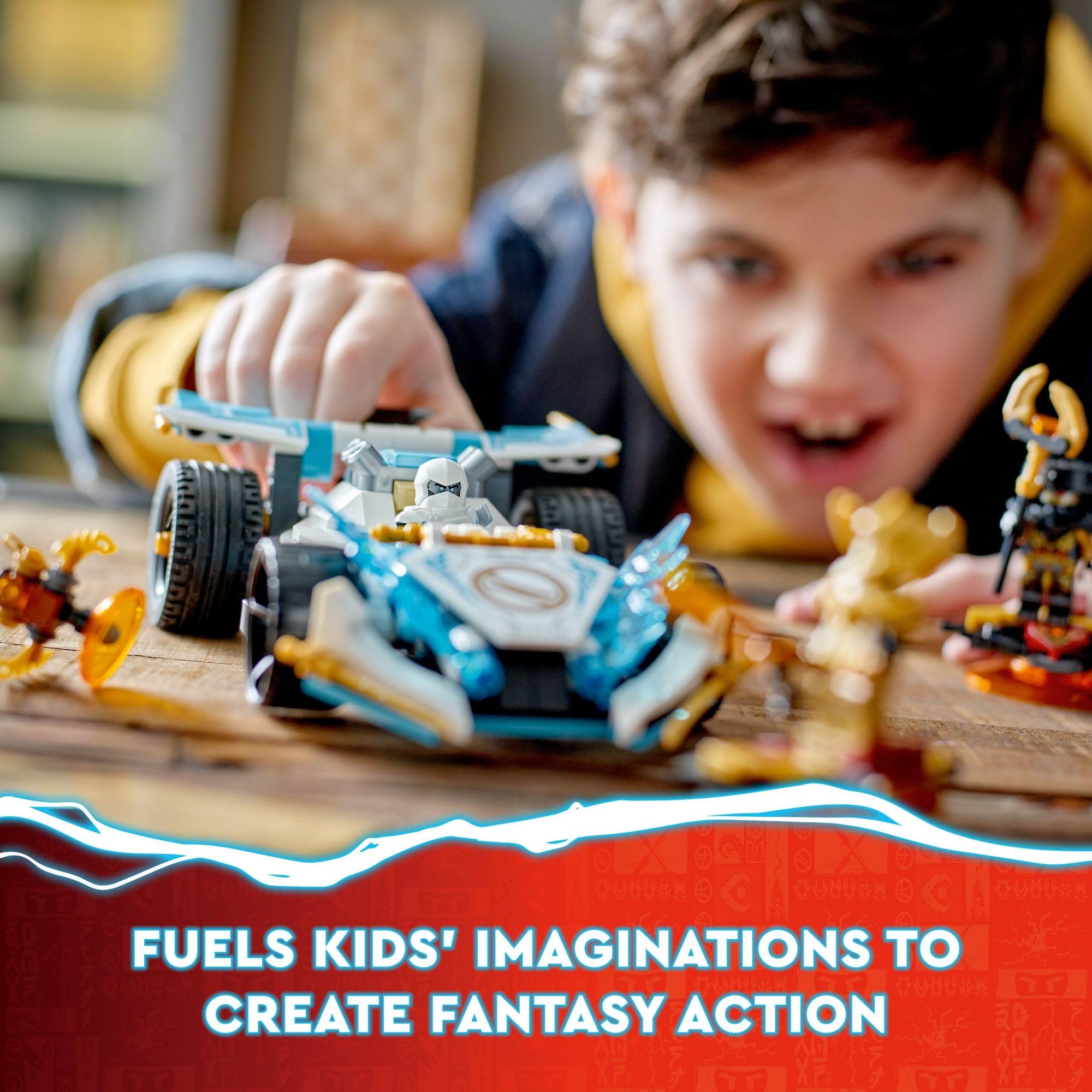 LEGO NINJAGO blue dragon power element adds energy to the car’s action.