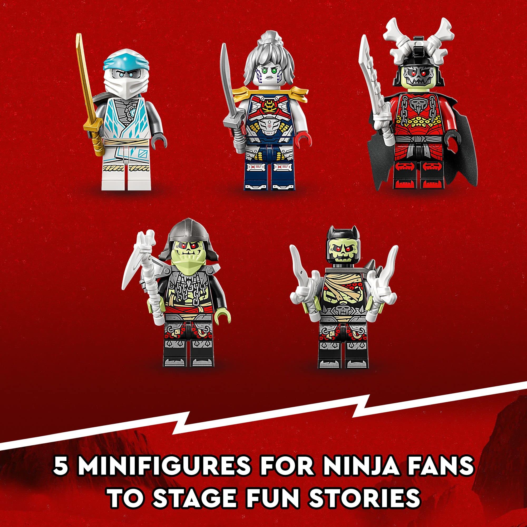 LEGO NINJAGO bone knights and warriors enhance fight scenes.