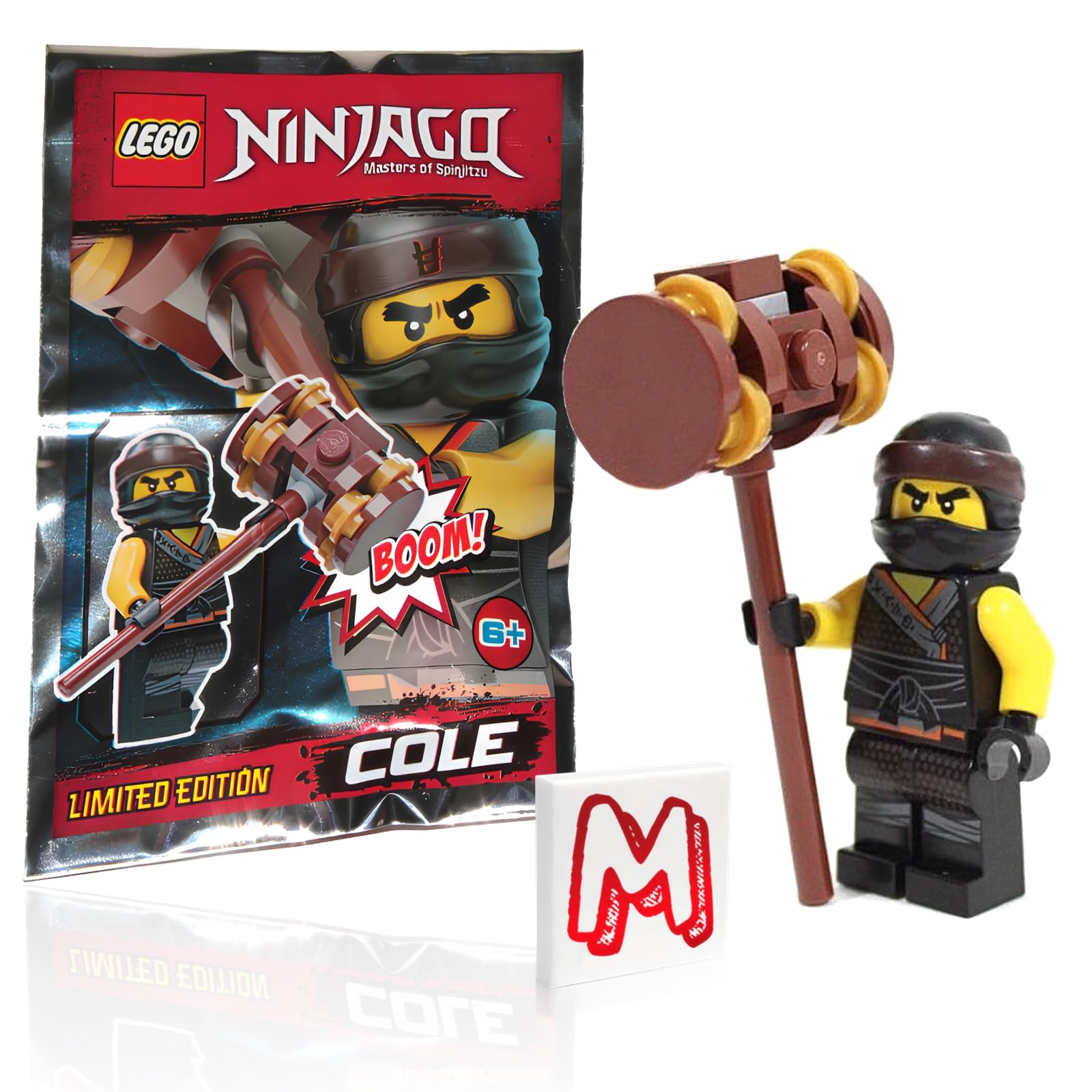 LEGO Ninjago Cole minifigure with boom hammer in a foil pack for action-packed play.