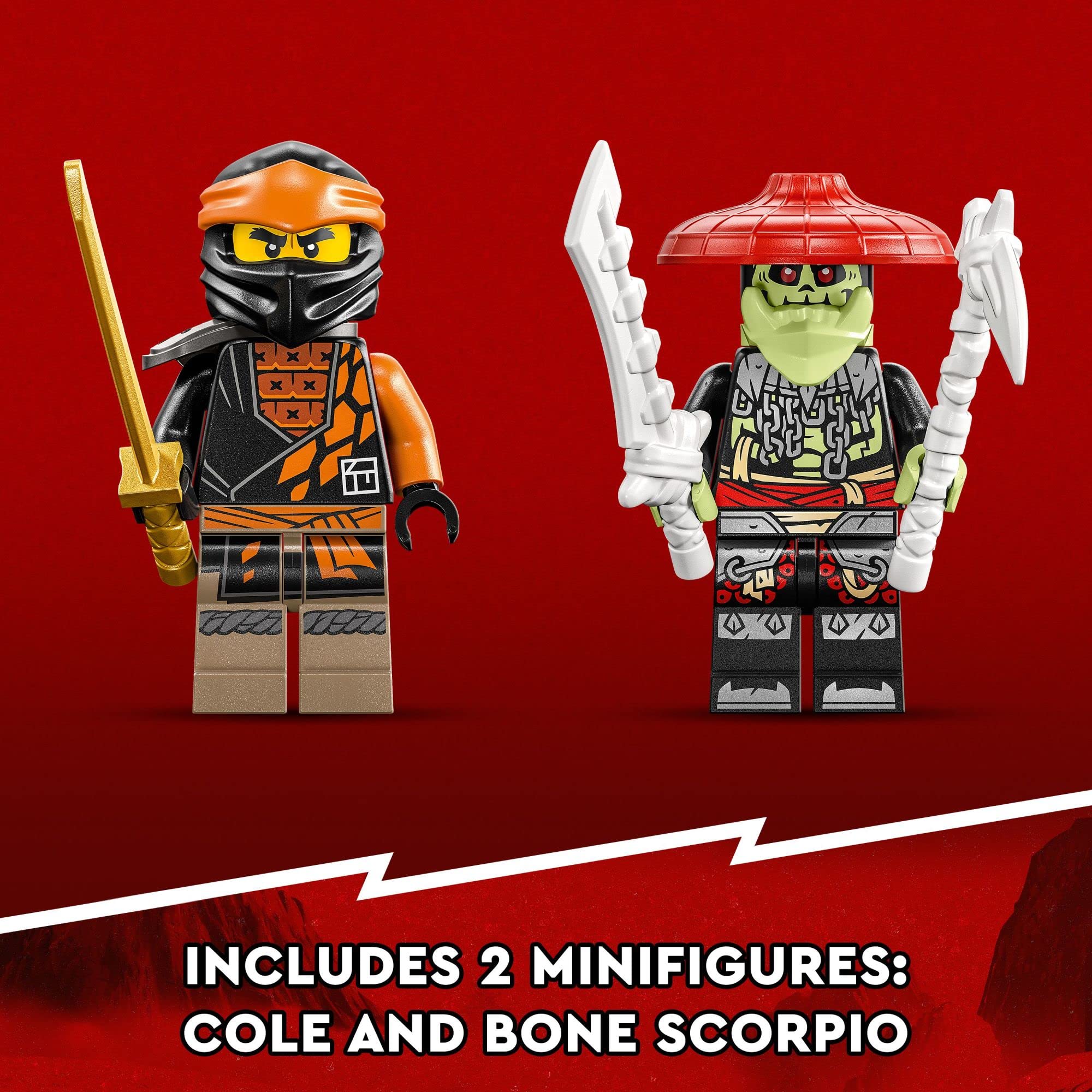 Intense LEGO NINJAGO battle scene featuring Dragon EVO and Bone Scorpio