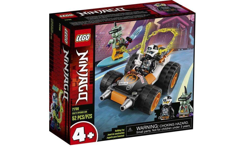 LEGO NINJAGO Cole’s Speeder Car front view for quick, imaginative play sessions.