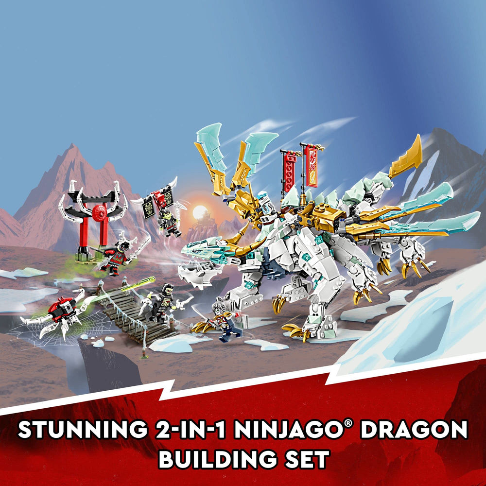 LEGO NINJAGO ice dragon wings with golden blades enable dramatic poses.