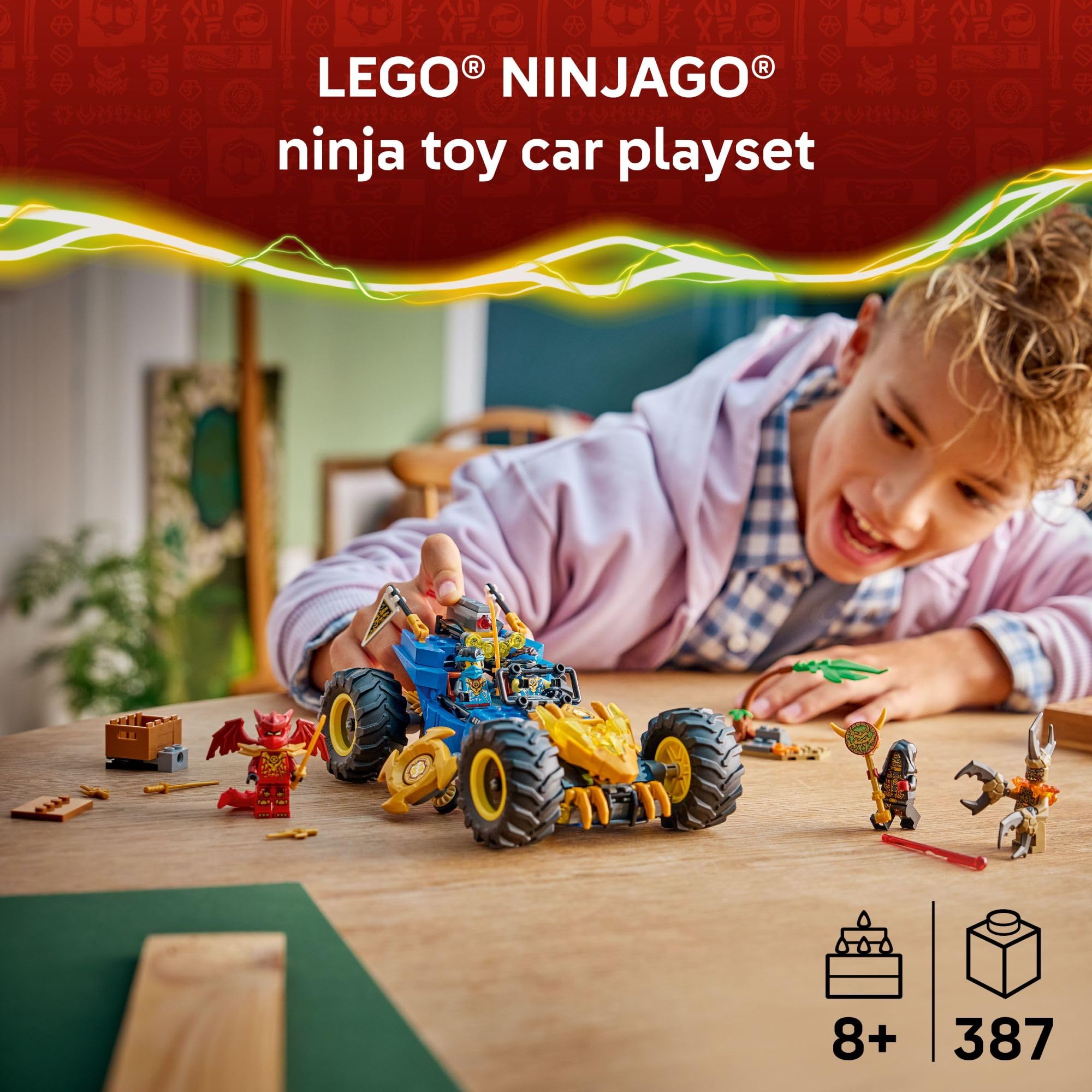 LEGO NINJAGO Jay’s Transforming Car in dragon mode showcases dragon head and claws.