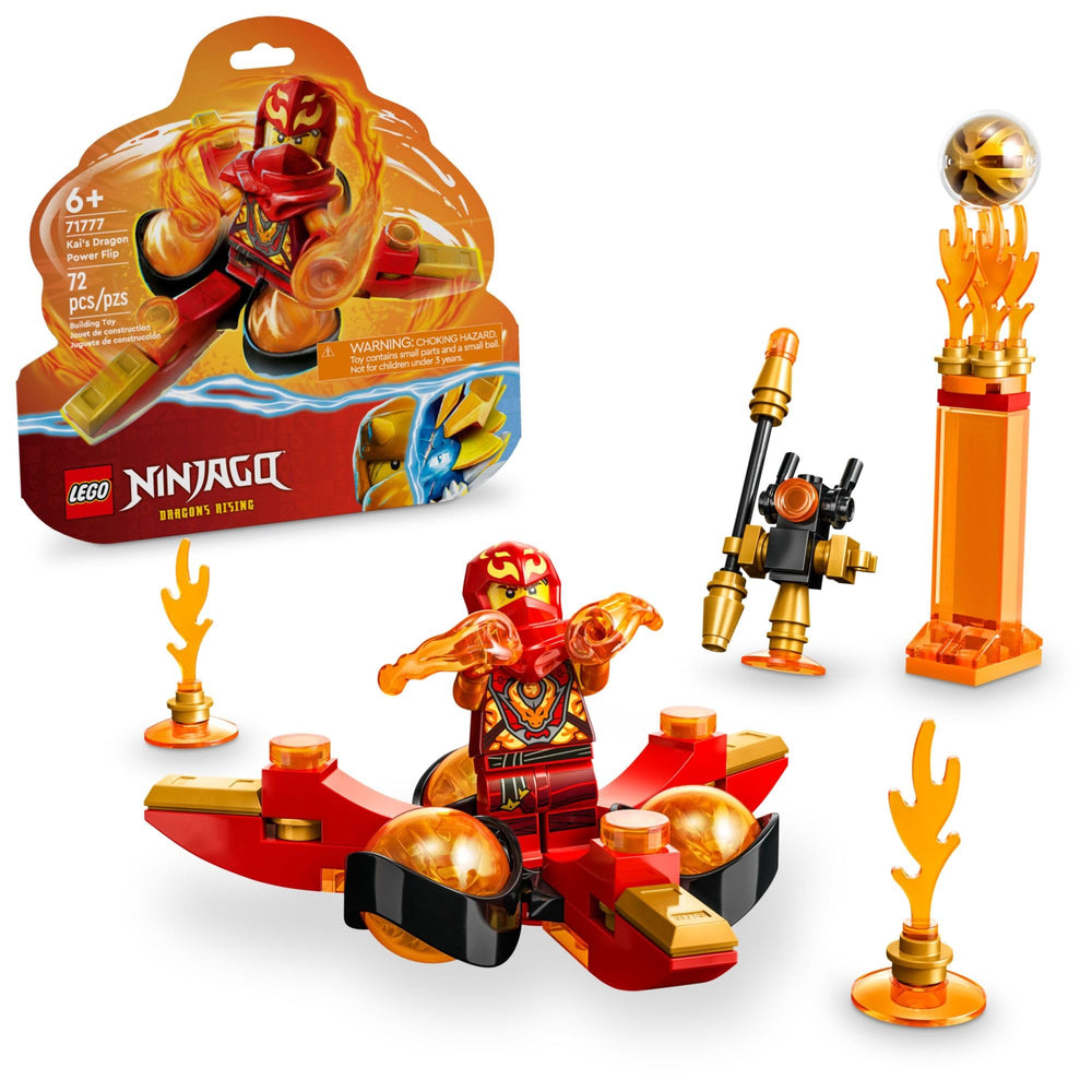 LEGO NINJAGO Kai dragon power Spinjitzu Flip shows dramatic backflip for imaginative play.