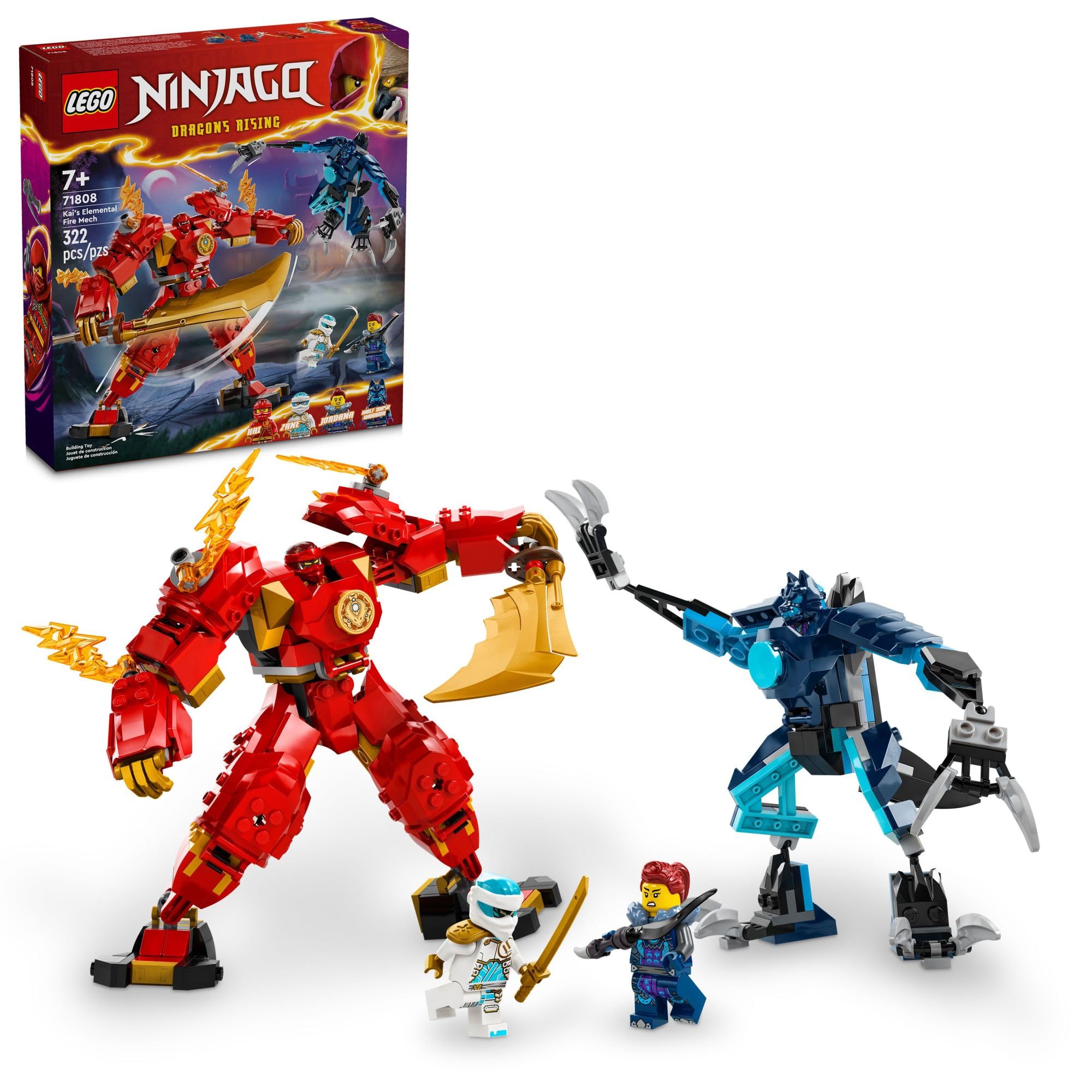 LEGO NINJAGO Kai's Elemental Fire Mech front view prompts imaginative play.