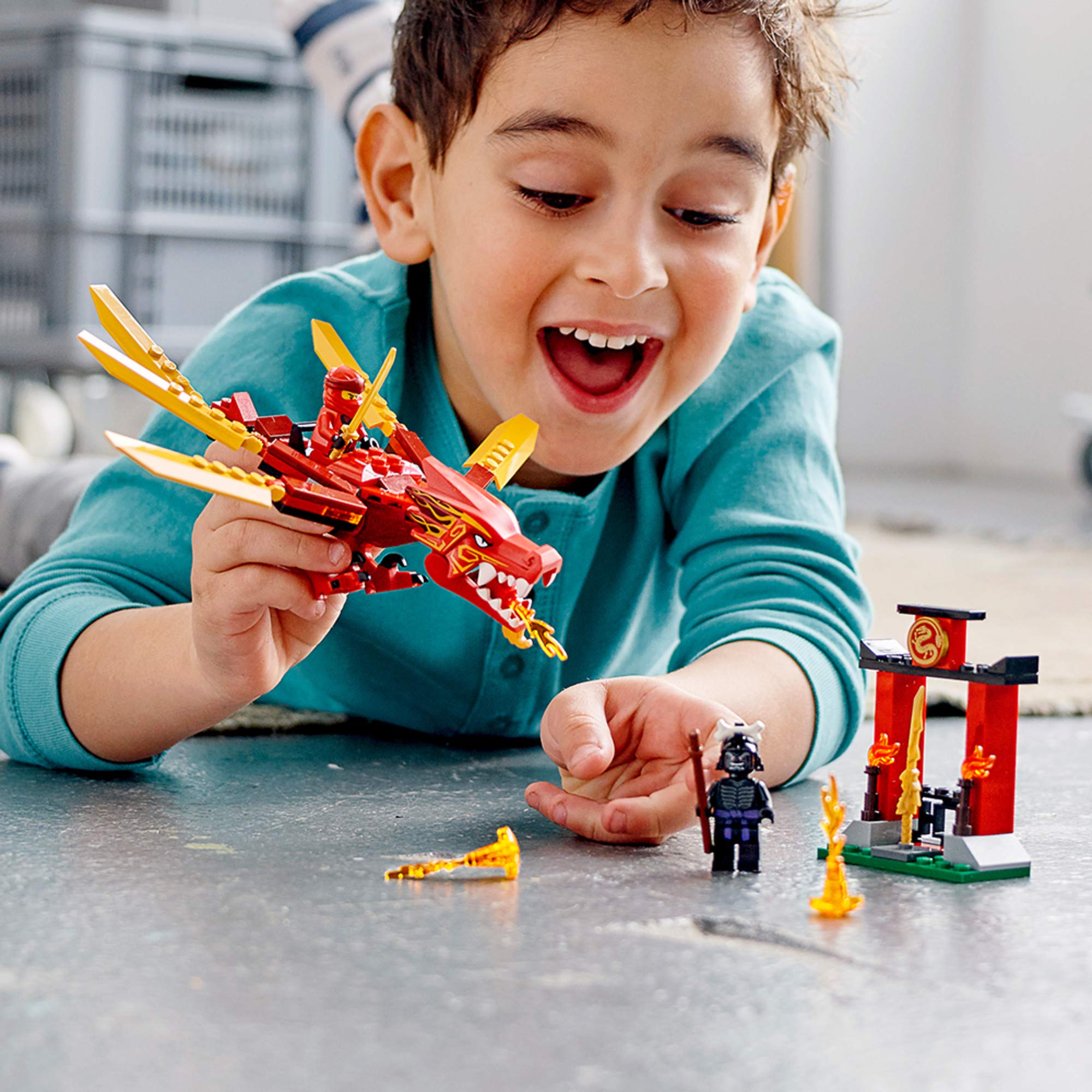 LEGO NINJAGO Kai Fire Dragon in battle stance for action play.