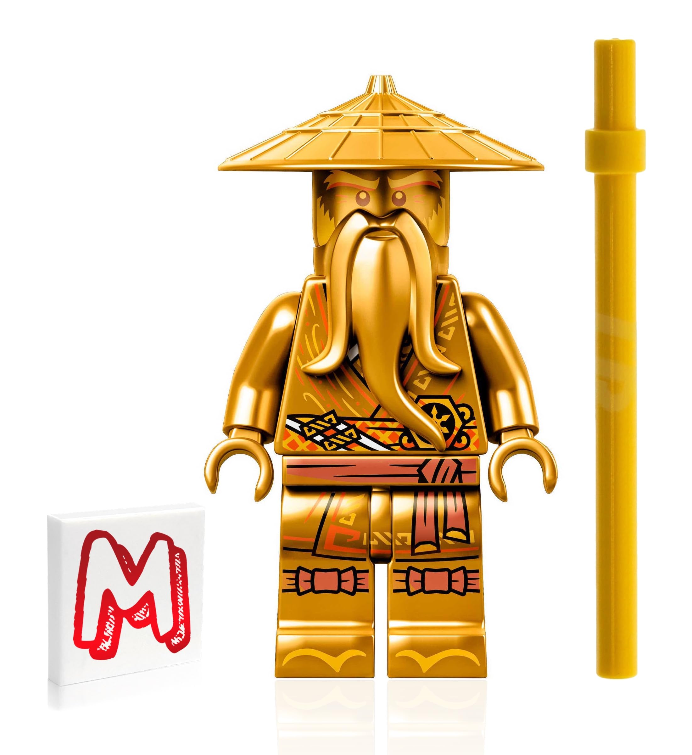 LEGO NINJAGO Sensei Wu figure with golden staff for heroic play.
