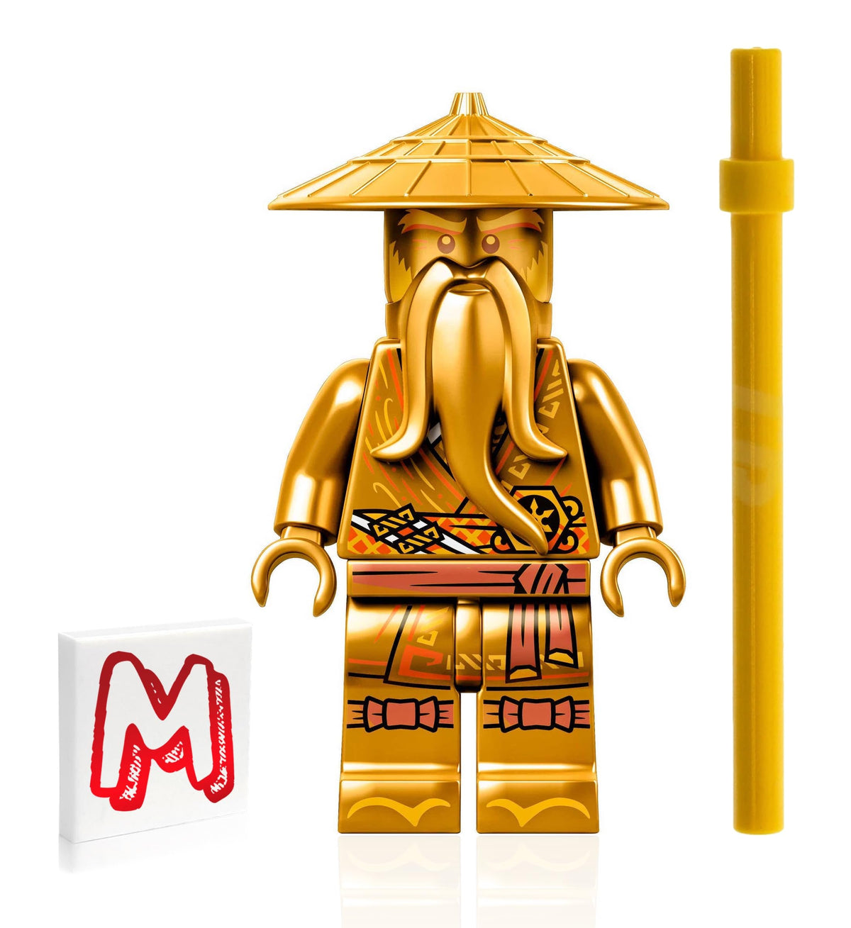 LEGO NINJAGO Sensei Wu figure with golden staff for heroic play.