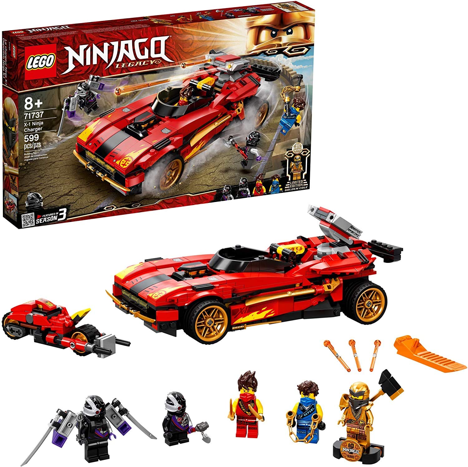 LEGO NINJAGO Legacy X-1 car-side battle mode for creative play and stealth missions.