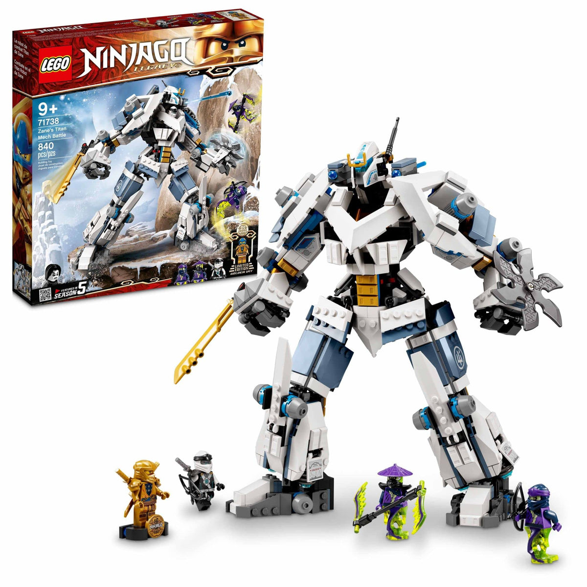 LEGO NINJAGO Legacy Zane's Titan Mech Battle with posable limbs for action scenes.