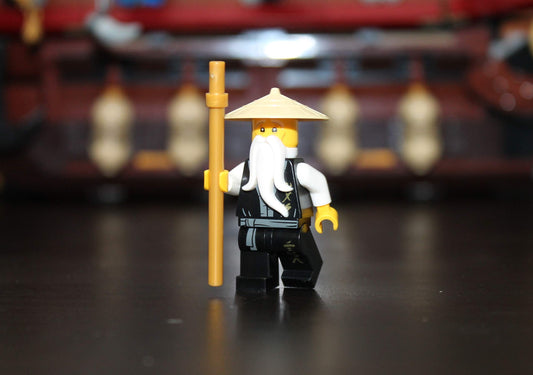 LEGO Sensei Wu figure wearing black robe for classic ninja aesthetics and posing.