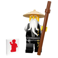 LEGO Master Sensei Wu figure from Legacy line with brown staff for display and play.