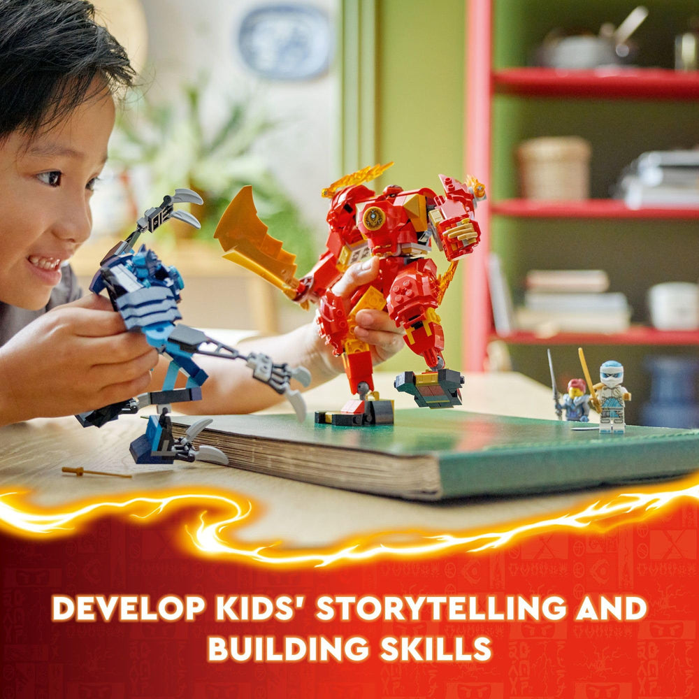 LEGO NINJAGO mechs in action create dramatic scenes for kids.