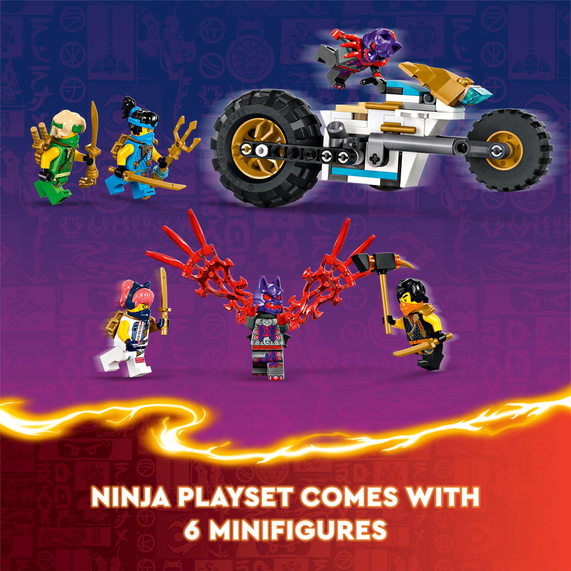 LEGO NINJAGO six minifigures lined up for team battles