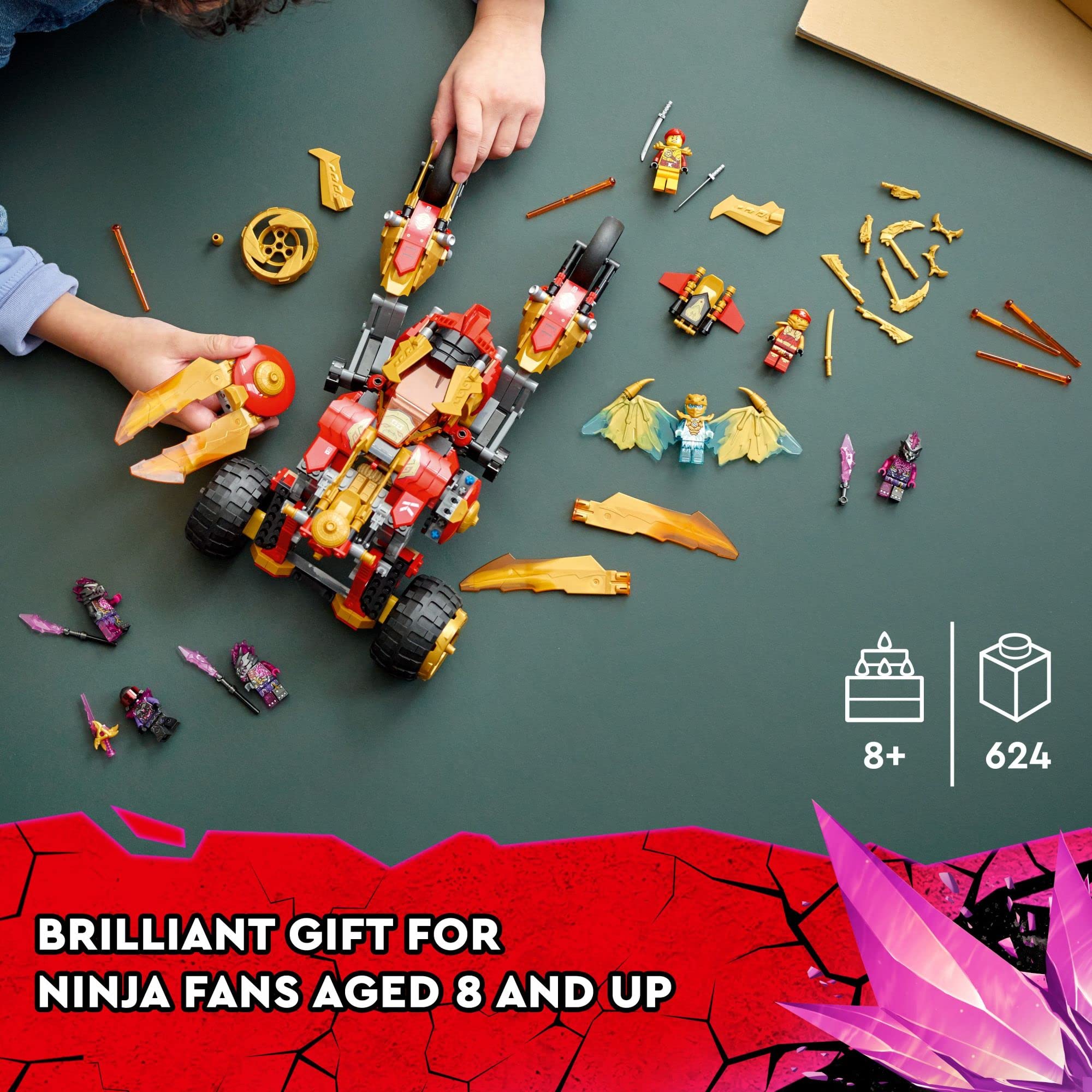 LEGO NINJAGO multi-terrain vehicle in dragon mode for display.