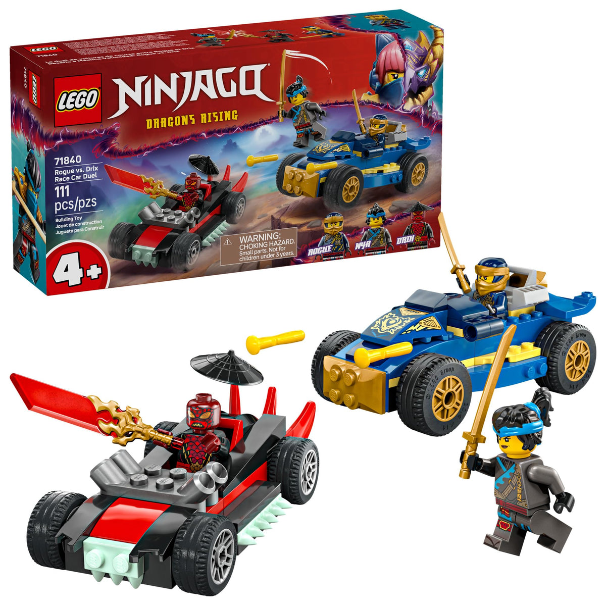 LEGO NINJAGO Rogue vs Drix race car duel shows high-speed chase action for kids