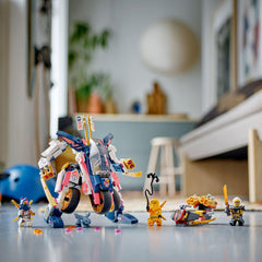 NINJAGO bike in action with three figures set up for combat