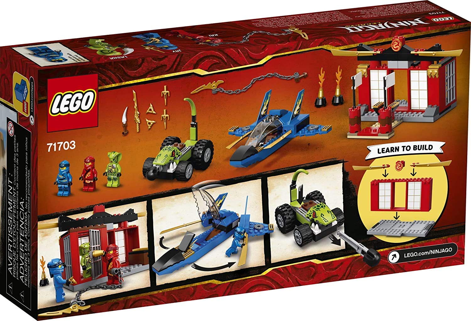 LEGO NINJAGO minifigs Kai, Jay, and Lasha ready for imaginative ninja adventures.