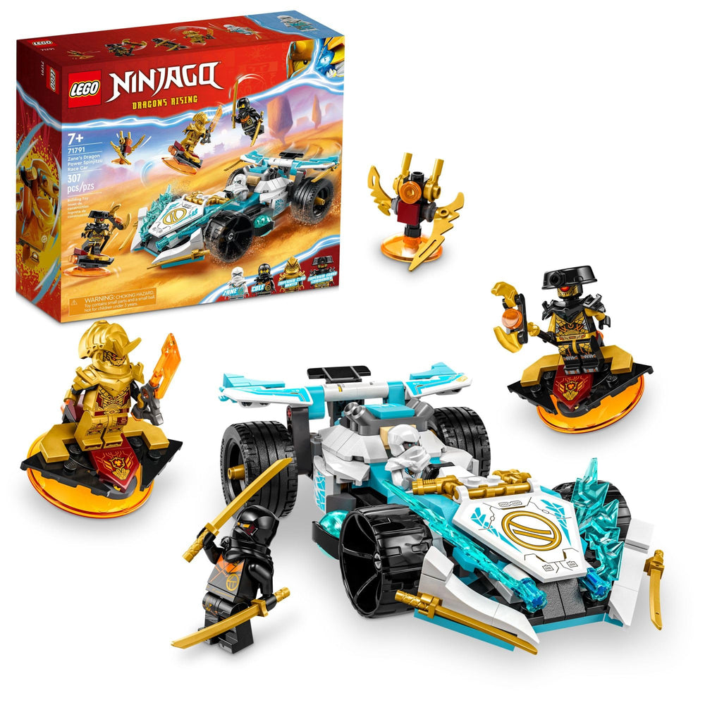 LEGO NINJAGO Zane’s Dragon Power Spinjitzu Race Car front view for rapid racing play.