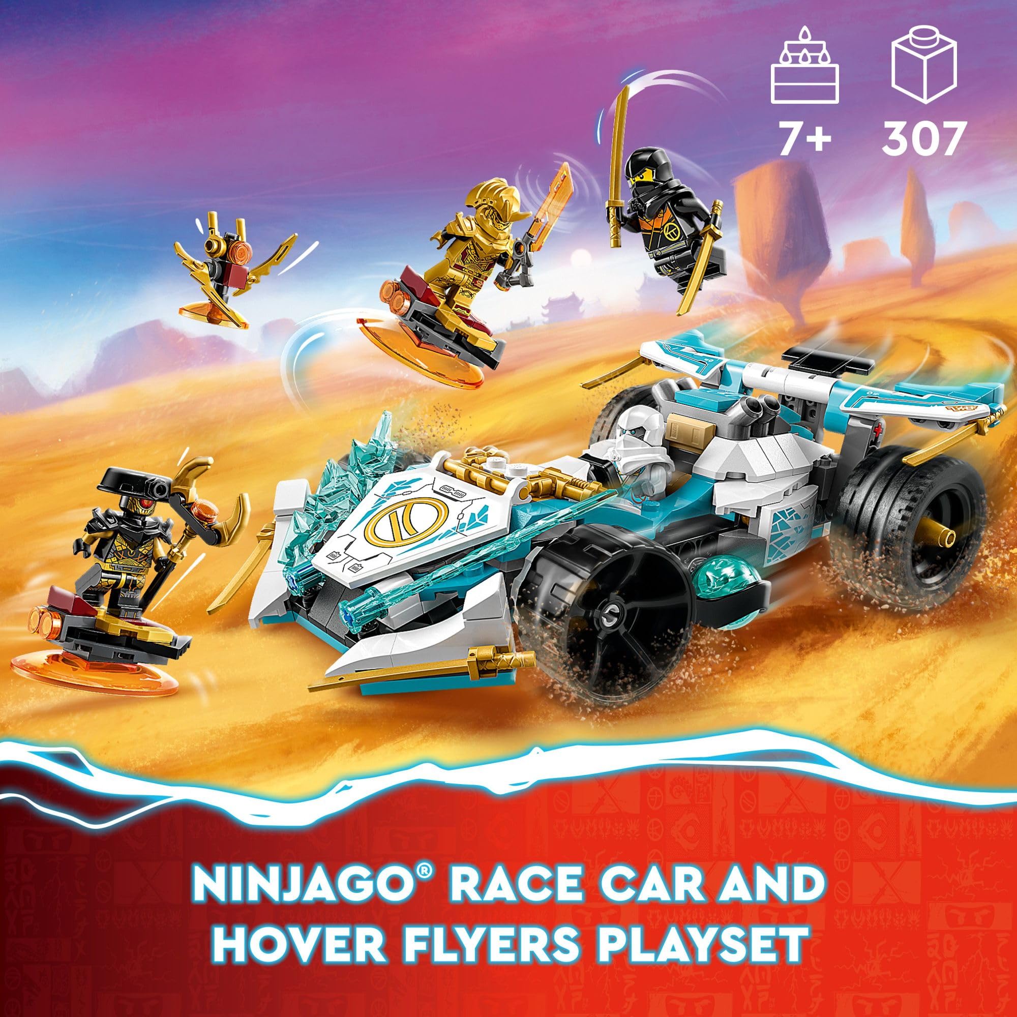 LEGO NINJAGO Zane’s Dragon Power Spinjitzu Race Car spinning action shows the unique mechanism.