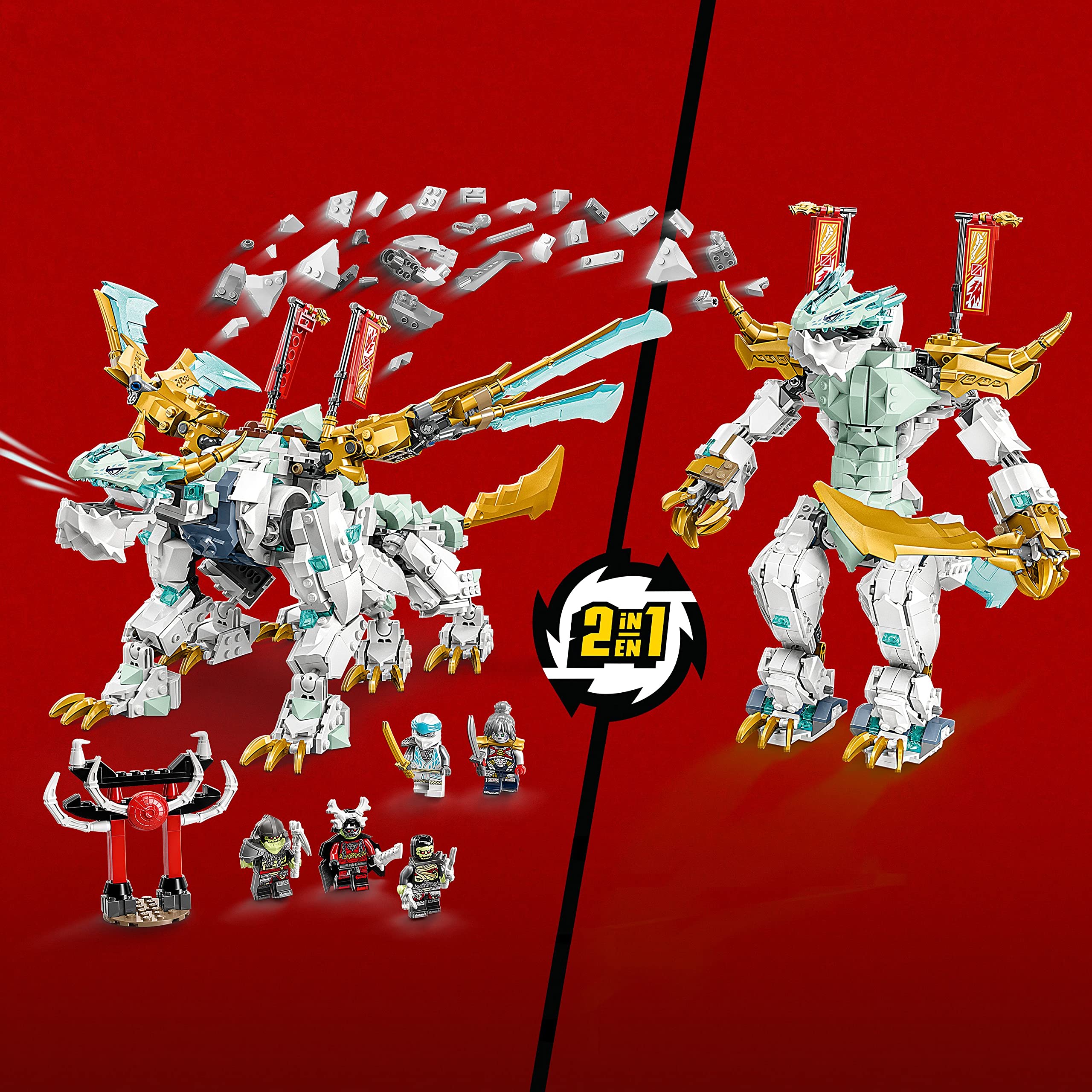 LEGO NINJAGO Zane and Pixal minifigures ready for ninja adventures