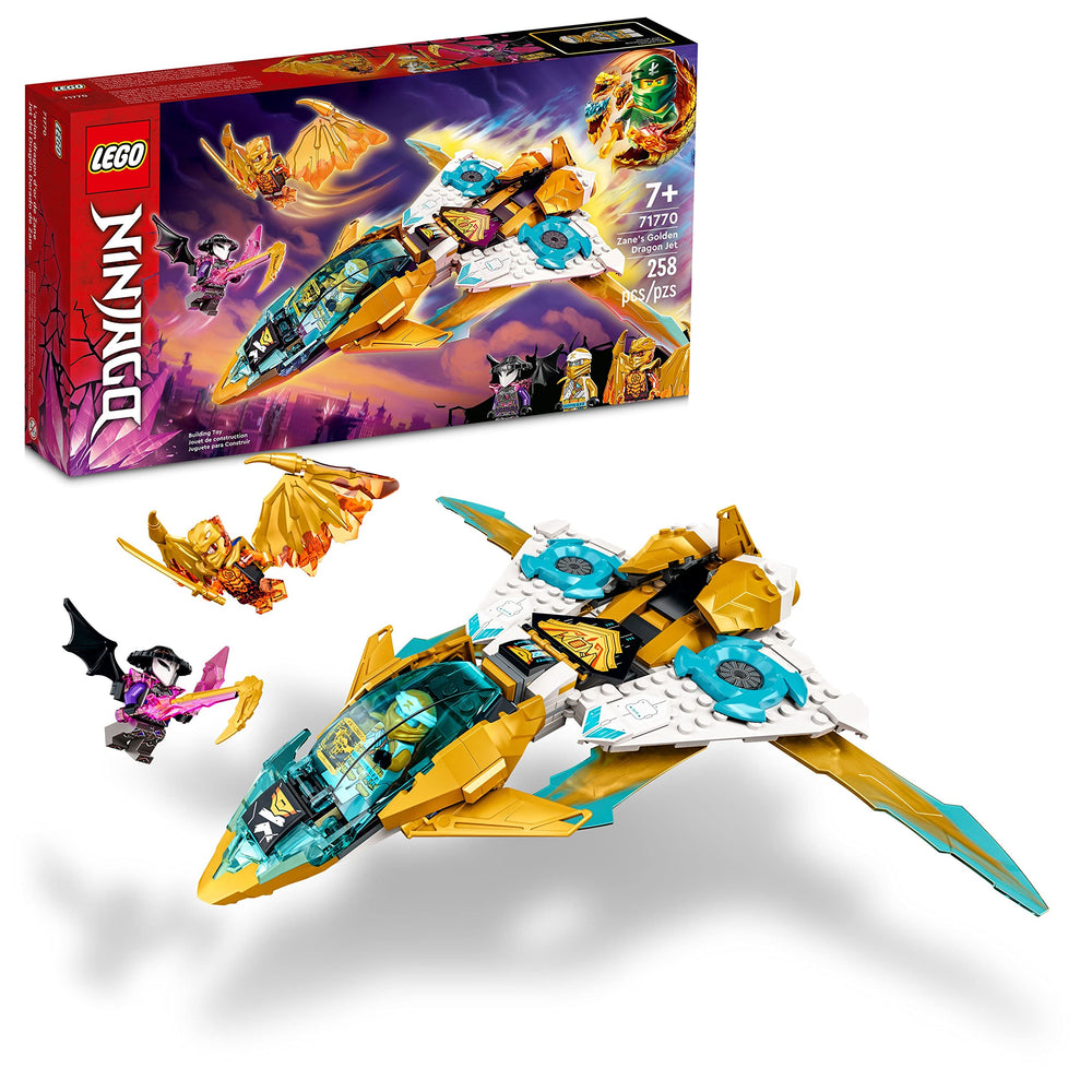 LEGO NINJAGO Zane's Golden Dragon Jet cockpit view inspires imaginative flight adventures.