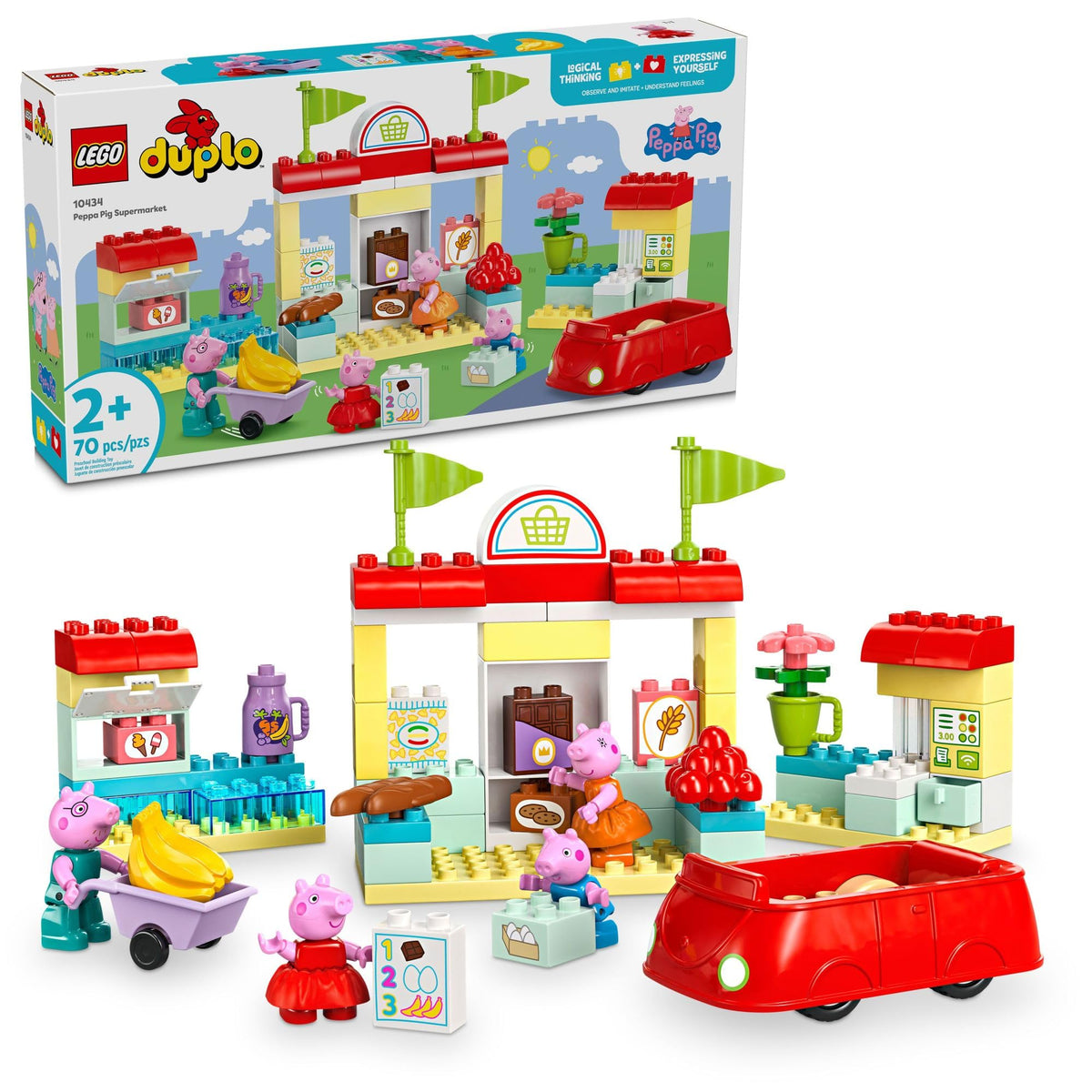LEGO DUPLO Peppa Pig Supermarket drivable red car boosts imaginative play.