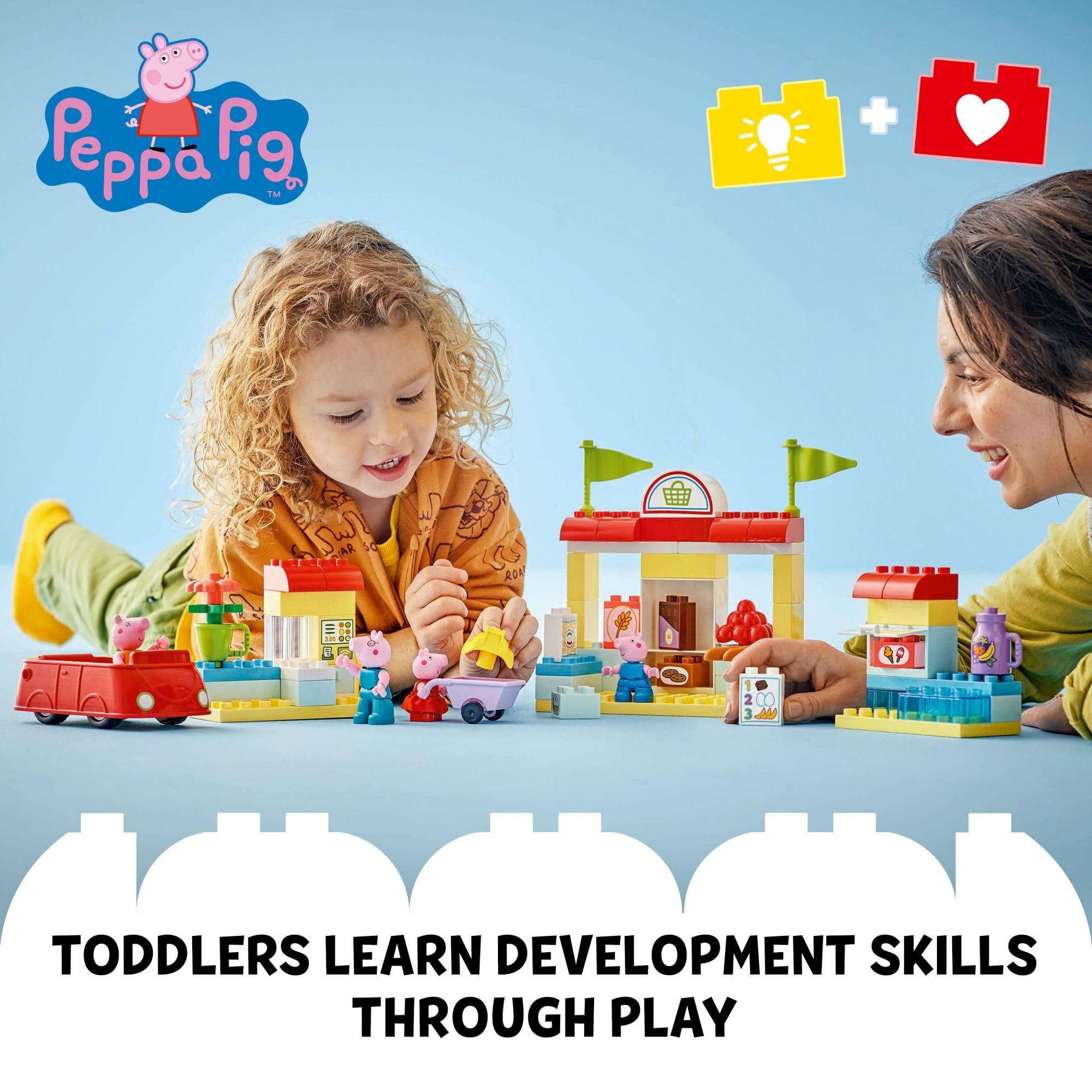 Peppa Pig figures and shopping cart invite role-play and family scene moments.