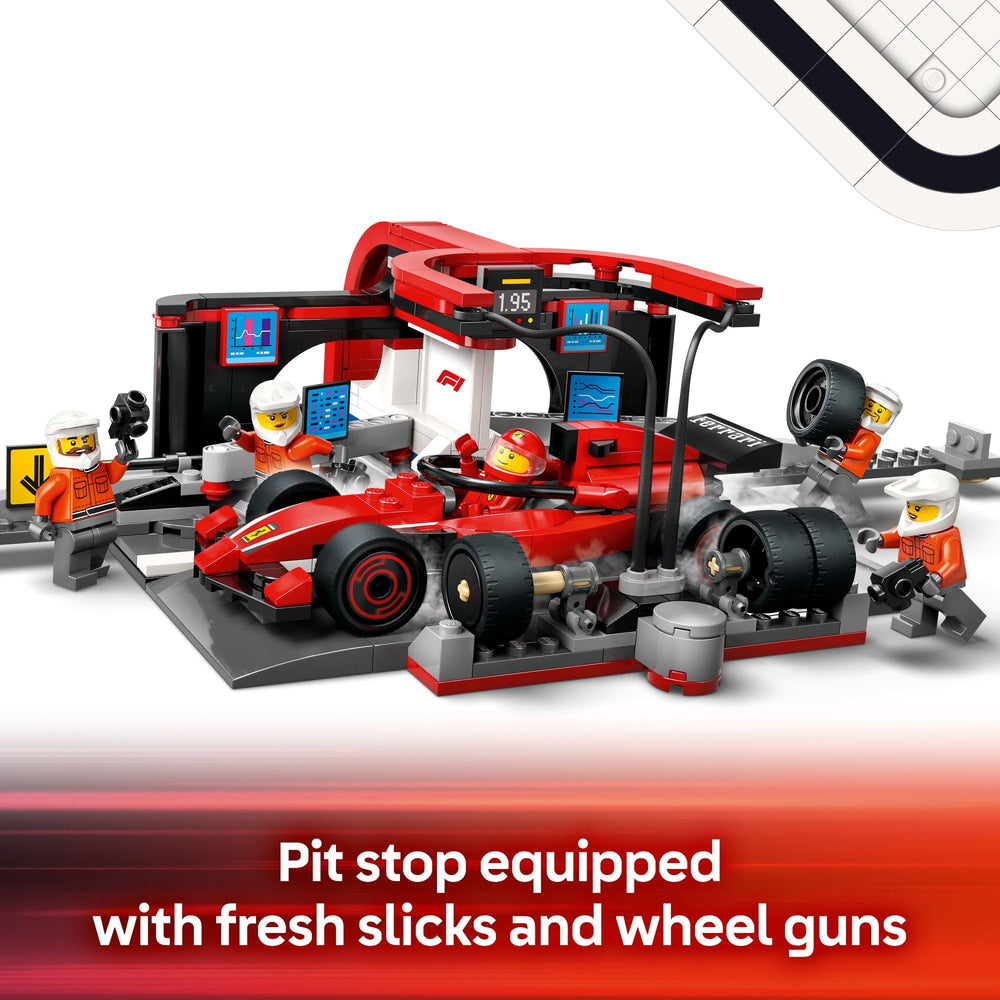 LEGO pit-stop lever action lets kids simulate quick tire changes during a race.