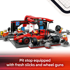 LEGO pit-stop lever action lets kids simulate quick tire changes during a race.
