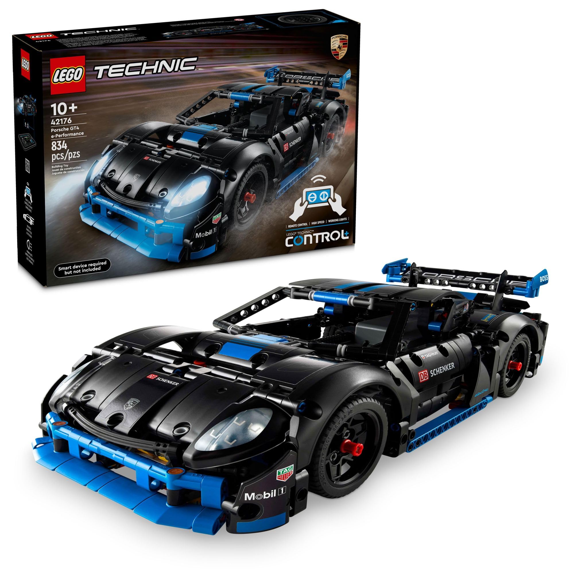 LEGO Porsche GT4 e-Performance front view showing authentic details for immersive play