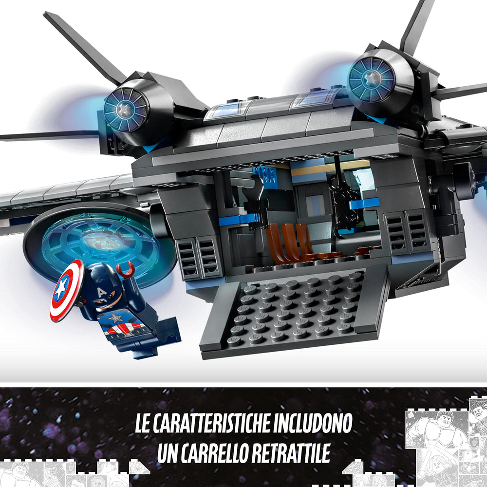 LEGO Quinjet adjustable wings support dramatic flight poses and play.