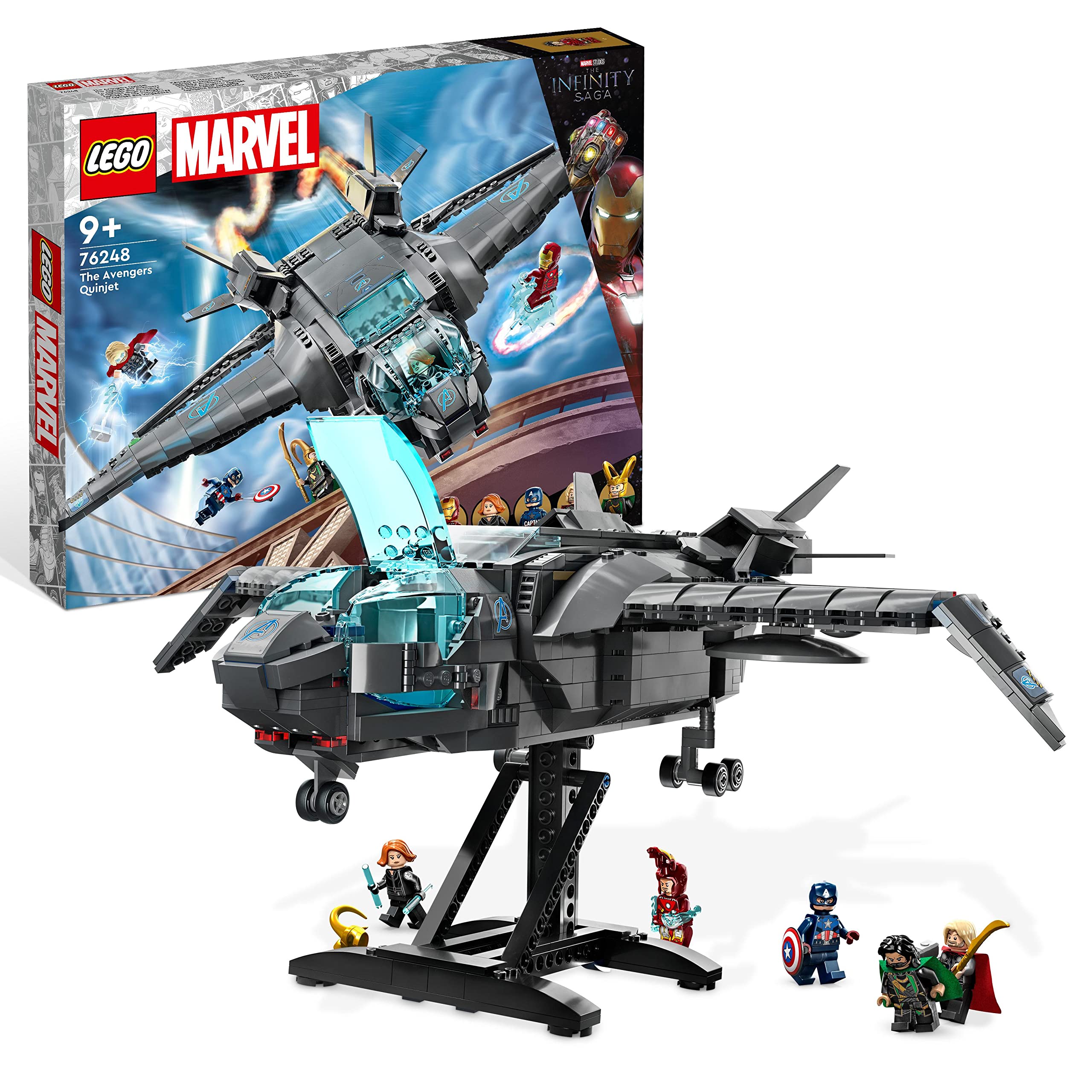 LEGO Quinjet open cockpit showing accessible space for minifigures and role-play.
