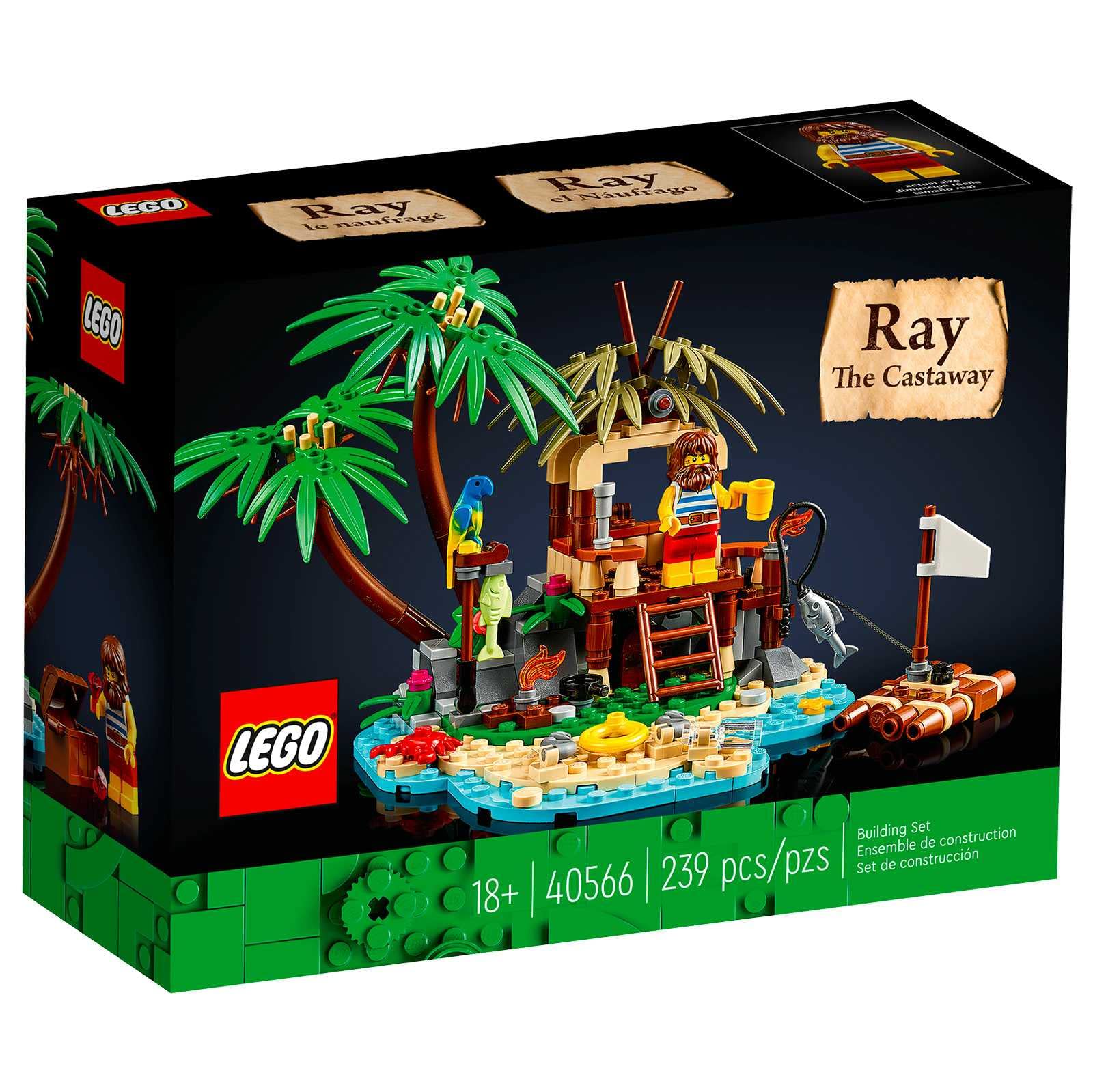 LEGO Ray the Castaway desert island scene with palm trees and shelter, ideal for imaginative play.